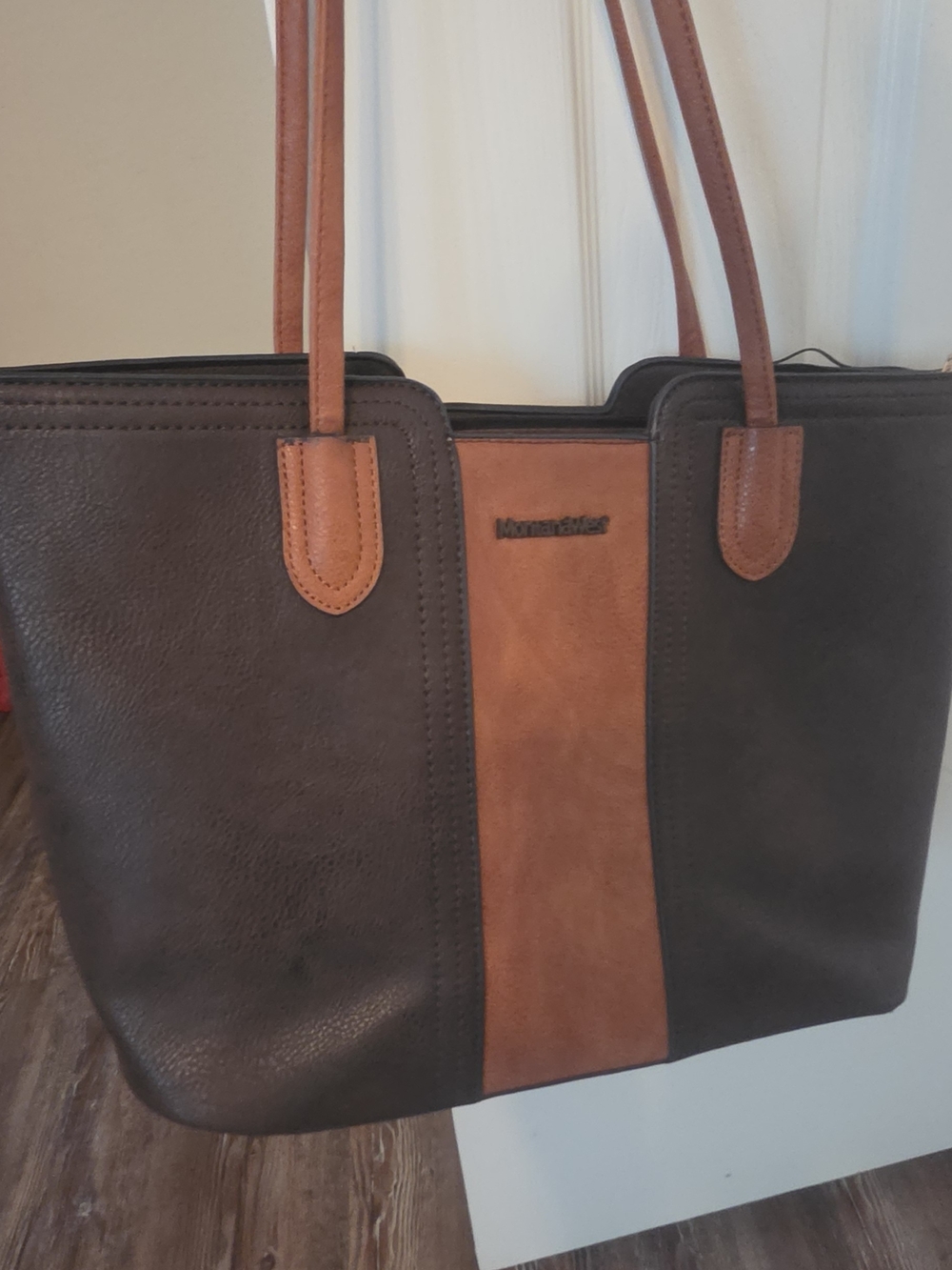 Montana West Two-Tone Brown Tote Bag with Center Cognac Panel